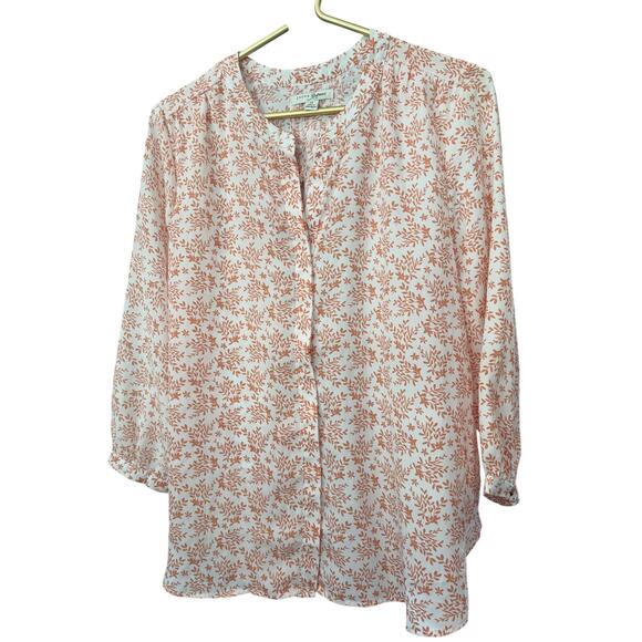 Jachs Girlfriend NY White Brown Floral Blouse Split Neck Pintuck Hem Size M EUC - Picture 2 of 8